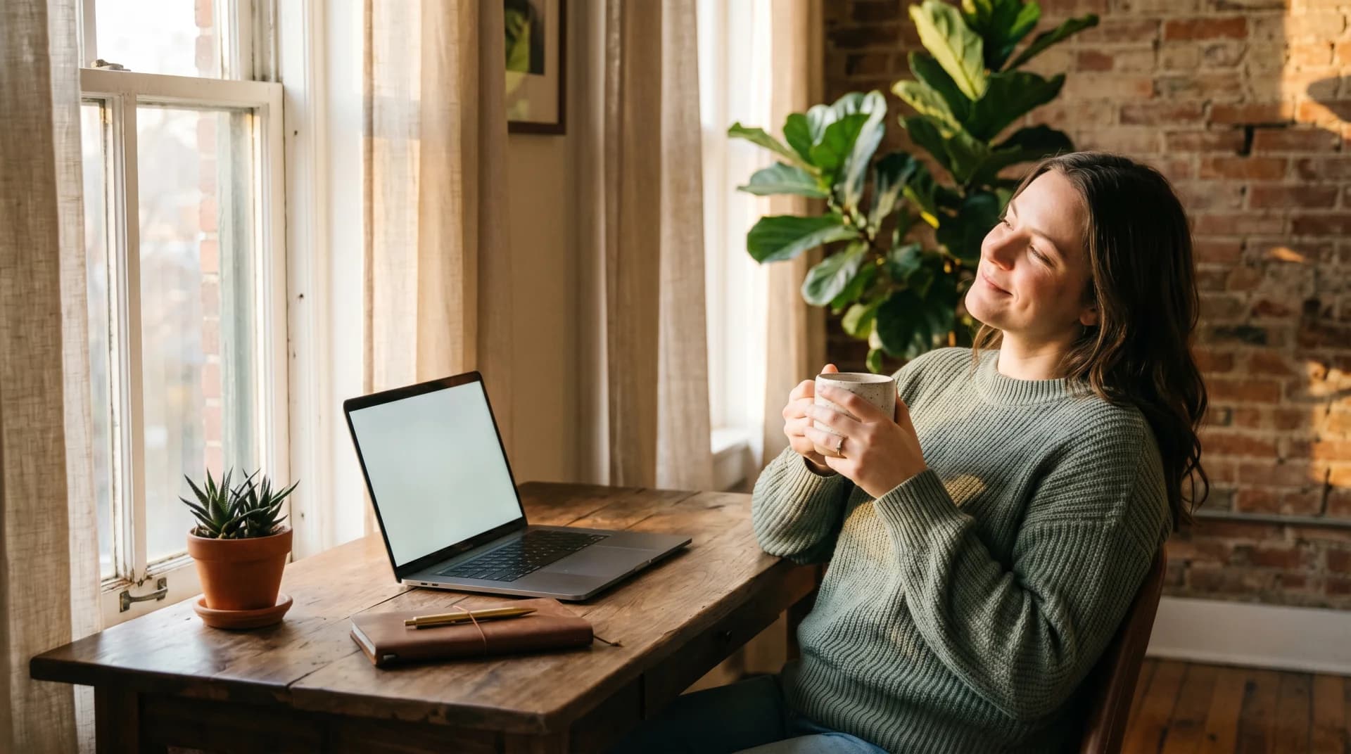A freelancer leaning back at a calm, uncluttered desk with one open laptop, sipping coffee in late-afternoon light