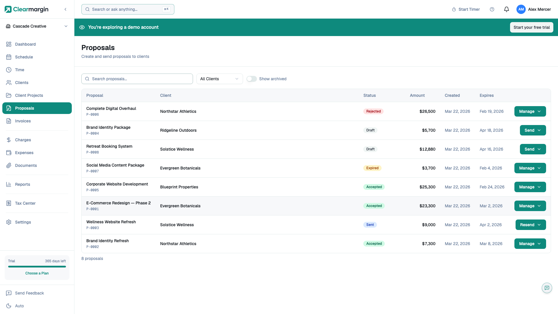 Clearmargin proposals list with client names, amounts, and status
